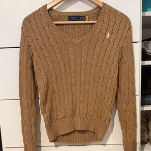 Ralph Lauren Women's Cotton Camel Brown V-Neck Sweater